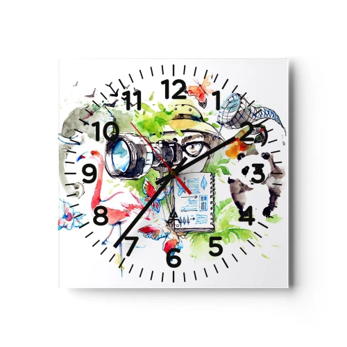 Reloj de pared - Reloj de vidrio - En la objetivo de un viajero - 40x40 cm
