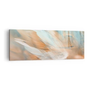Cuadro sobre lienzo - Impresión de Imagen - Delicadas plumas en tonos pastel de azul y naranja. - 140x50cm - En la tierra de la suavidad - Decoración de pared moderna para salón y dormitorio ARTTOR