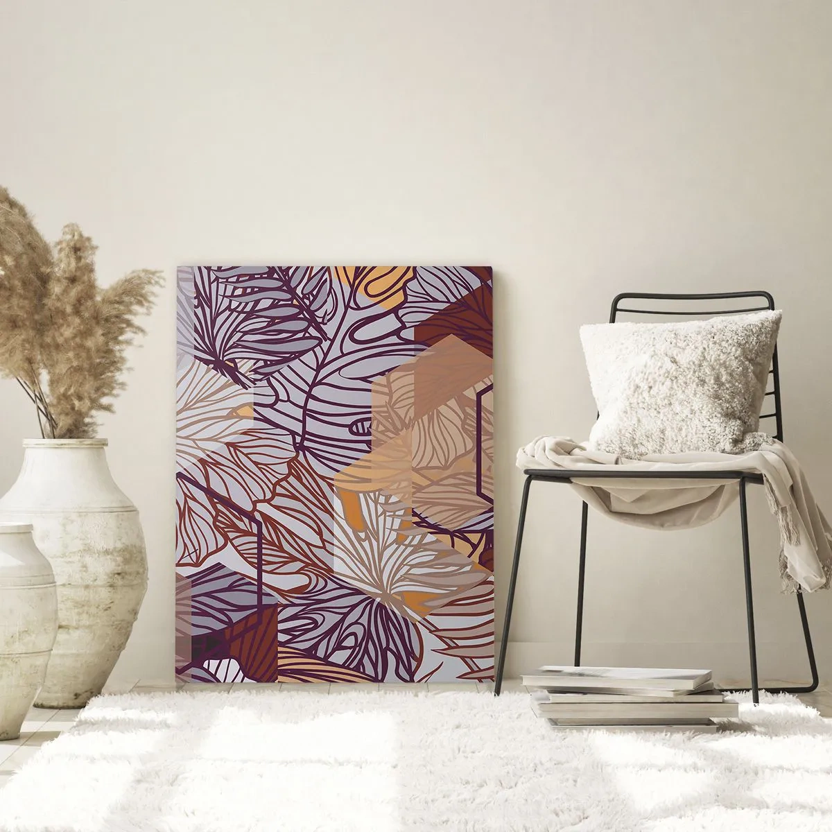 Cuadro sobre vidrio - Impresiones sobre Vidrio - Un patrón decorativo de hojas tropicales en tonos morado, naranja y beige. - 70x100cm - La unión imposible de la geometría y la naturaleza - Decoración de pared moderna para salón y dormitorio ARTTOR