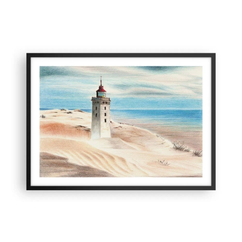 Póster en marco negro - Un faro rodeado de dunas de arena y un cielo azul. - 70x50cm - Siempre mirando al mar - Decoración de pared moderna para salón y dormitorio ARTTOR