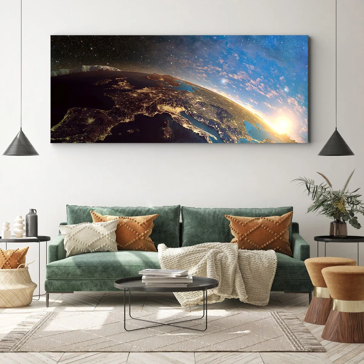 Cuadro sobre lienzo - Impresión de Imagen - Vista de la Tierra desde el espacio al amanecer - 140x50cm - Mirémonos a nosotros mismos desde la distancia - Decoración de pared moderna para salón y dormitorio ARTTOR