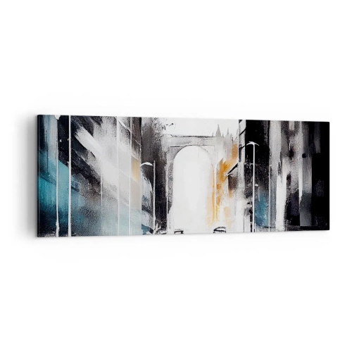 Cuadro sobre lienzo - Impresión de Imagen - Panorama abstracto de la ciudad con un puente arqueado - 140x50cm - Estudio de la ciudad: arquitectura y movimiento - Decoración de pared moderna para salón y dormitorio ARTTOR
