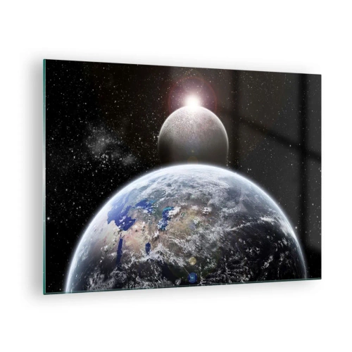 Cuadro sobre vidrio - Impresiones sobre Vidrio - La Tierra y la Luna en el espacio - 70x50cm - Paisaje cósmico - amanecer - Decoración de pared moderna para salón y dormitorio ARTTOR