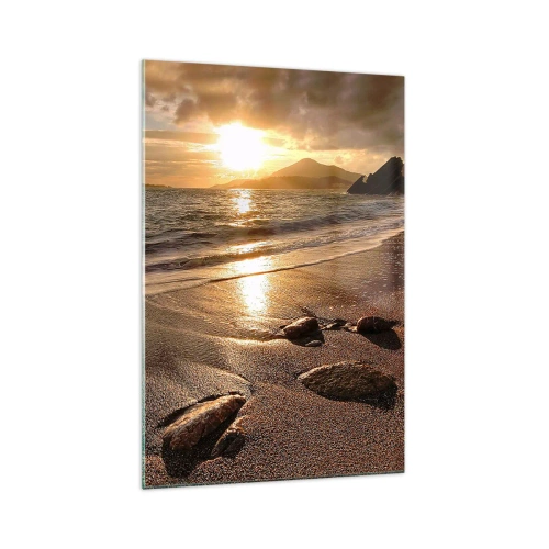 Cuadro sobre vidrio - Impresiones sobre Vidrio - Playa al atardecer con piedras en la orilla - 70x100cm - Sigue el sol hacia las colinas - Decoración de pared moderna para salón y dormitorio ARTTOR