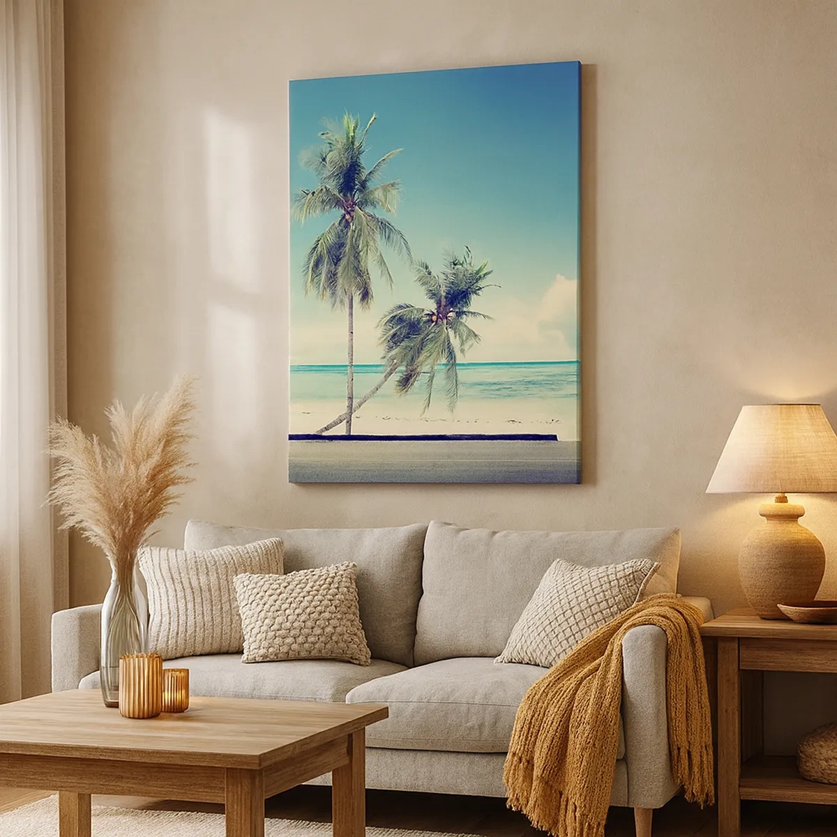 Cuadro sobre lienzo - Impresión de Imagen - Una camioneta rosa con una tabla de surf frente a una playa tropical. - 50x70cm - Comienzan las vacaciones - Decoración de pared moderna para salón y dormitorio ARTTOR