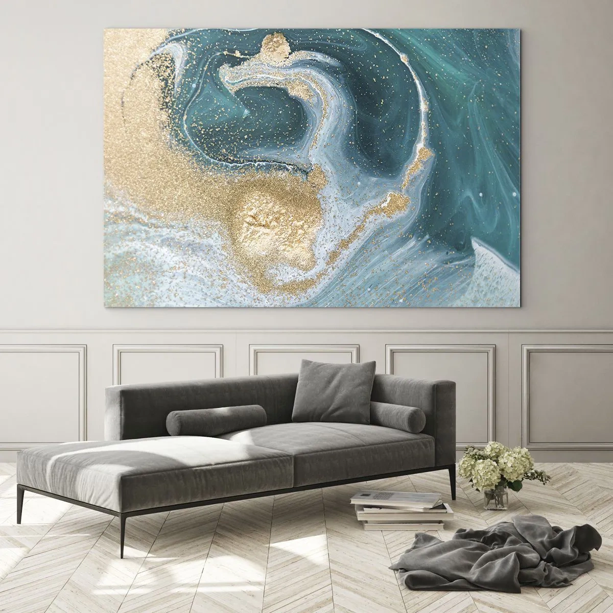 Cuadro sobre vidrio - Impresiones sobre Vidrio - Ondas doradas sobre turquesa en estilo abstracto - 70x50cm - Un remolino de oro y turquesa - Decoración de pared moderna para salón y dormitorio ARTTOR
