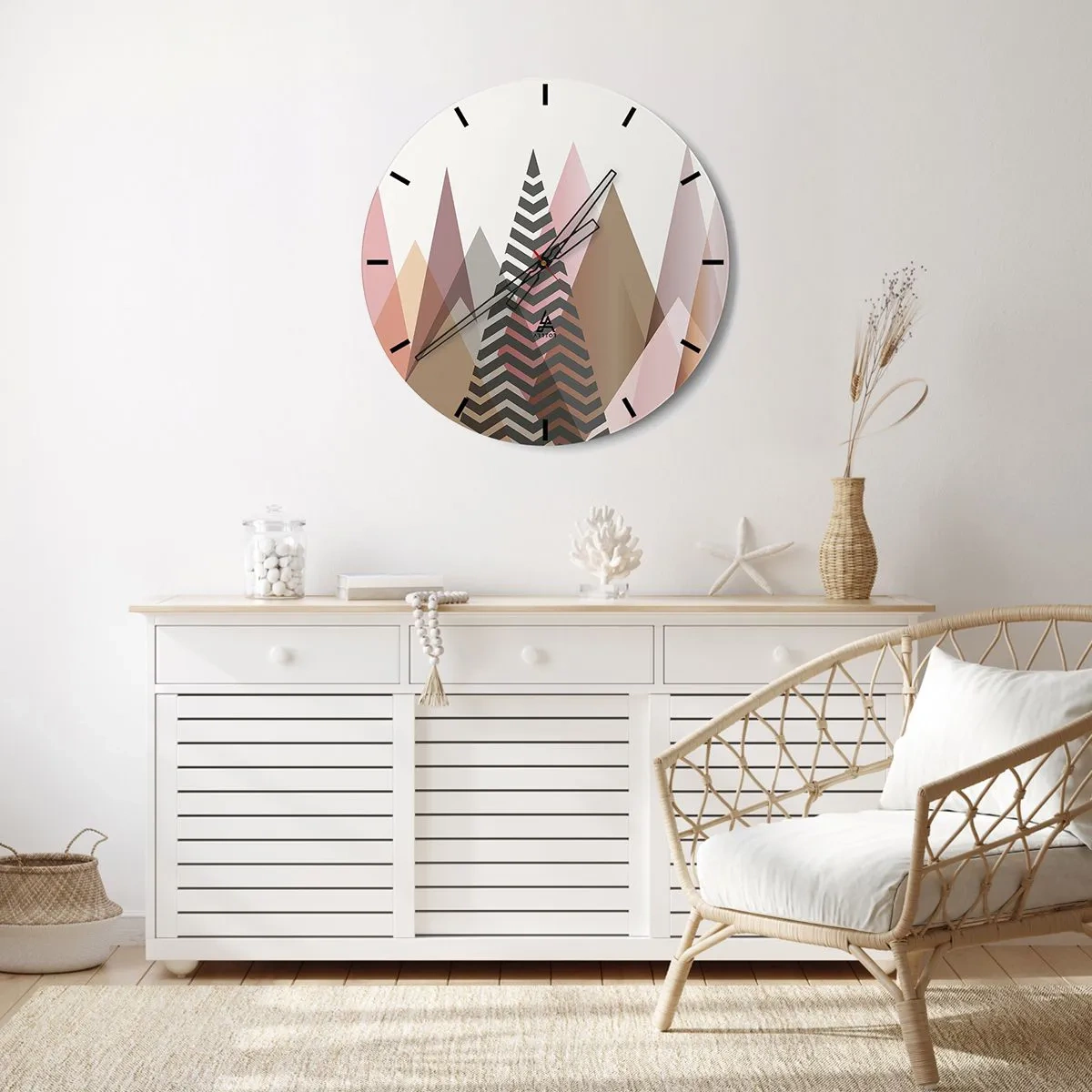 Reloj de pared - Reloj de vidrio - Montañas y árboles geométricos en tonos pastel. - 30x30cm - Una visión piramidal - Decoración de pared moderna para salón, cocina y dormitorio ARTTOR