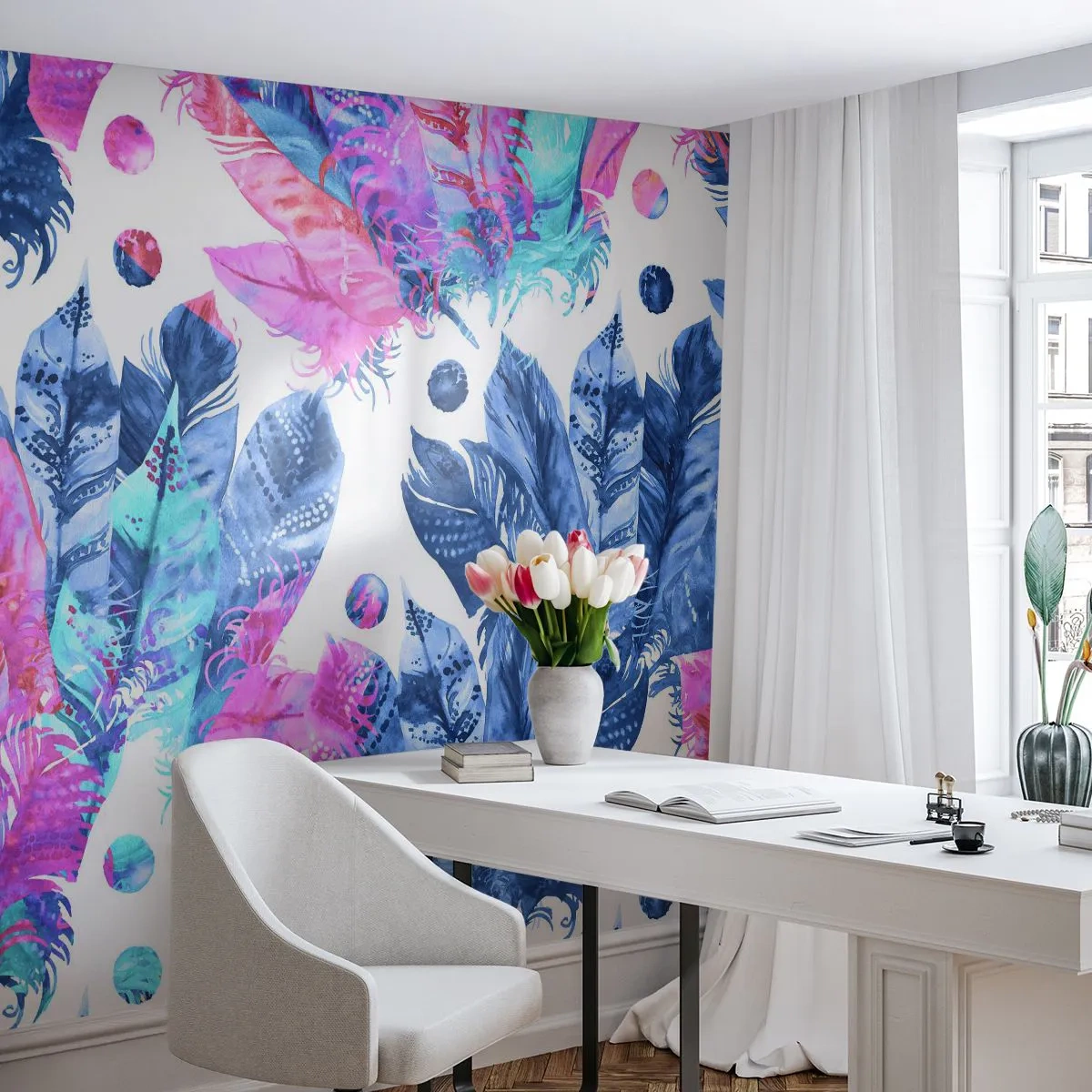 Fotomural Autadhesivo Deluxe Sticker - Plumas de color rosa y azul - Pluma de ave, Ilustración colorida, Gráficos - 250x175 cm