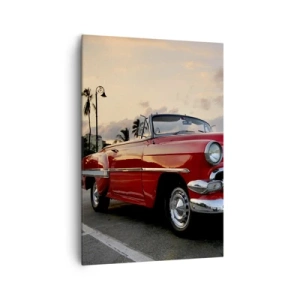 Cuadro sobre lienzo - Impresión de Imagen - Un clásico convertible rojo aparcado junto a las palmeras al anochecer. - 70x100cm - El rojo calor de los trópicos - Decoración de pared moderna para salón y dormitorio ARTTOR