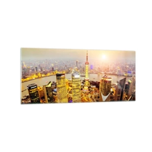 Cuadro sobre vidrio - Impresiones sobre Vidrio - Panorama de la ciudad con rascacielos al atardecer - 120x50cm - Sueño asiático - Decoración de pared moderna para salón y dormitorio ARTTOR