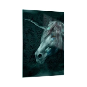 Cuadro sobre vidrio - Impresiones sobre Vidrio - Un unicornio mágico en un bosque misterioso y oscuro con colores de fantasía. - 70x100cm - En un bosque de cuento de hadas - Decoración de pared moderna para salón y dormitorio ARTTOR
