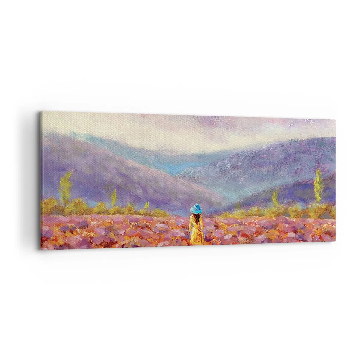 Cuadro sobre lienzo - Impresión de Imagen - Una mujer con sombrero caminando por un campo de lavanda. - 120x50cm - En un mundo de lavanda - Decoración de pared moderna para salón y dormitorio ARTTOR