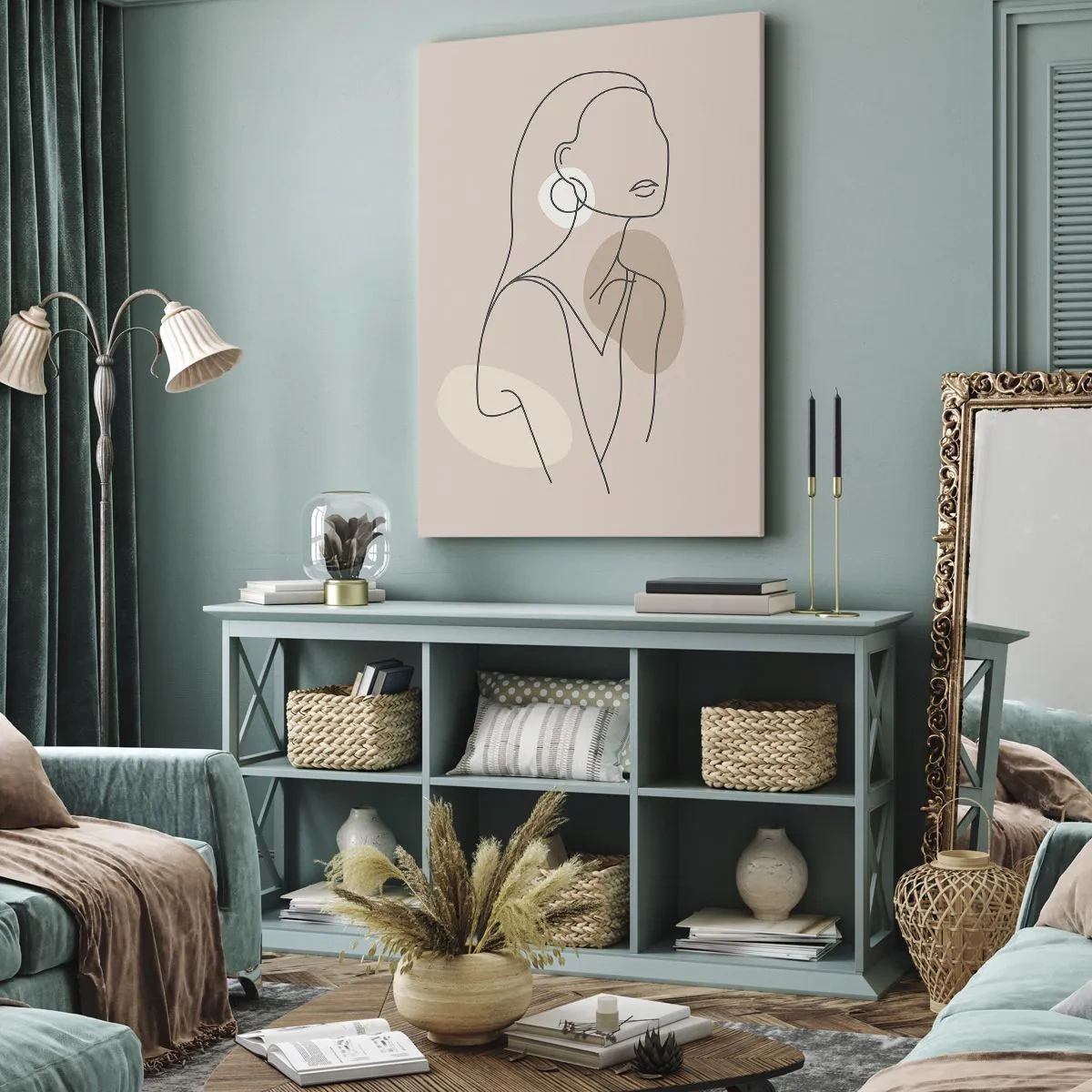 Cuadro sobre lienzo - Impresión de Imagen - Ilustración minimalista de una mujer con contornos sobre un fondo beige. - 50x70cm - Un icono de la inocencia - Decoración de pared moderna para salón y dormitorio ARTTOR