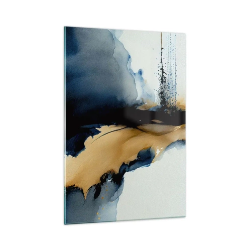 Cuadro sobre vidrio - Impresiones sobre Vidrio - Una composición abstracta en tonos azul marino y dorado. - 70x100cm - Tras el telón - Decoración de pared moderna para salón y dormitorio ARTTOR