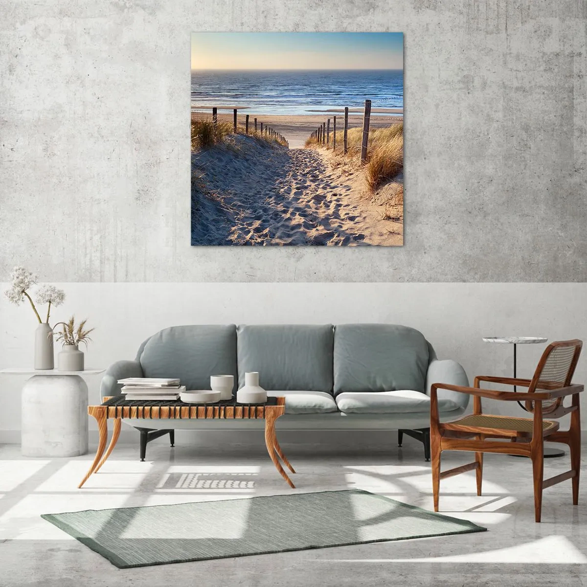 Cuadro sobre vidrio - Impresiones sobre Vidrio - El sonido del mar, el canto de los pájaros, una playa virgen entre las dunas... - 40x40 cm