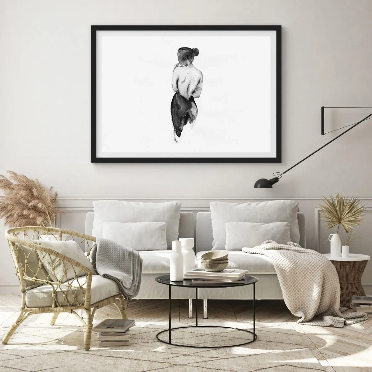 Póster en marco negro - La figura de una mujer capturada en sutil acuarela. - 100x70cm - Sin ella el mundo deja de tener sentido - Decoración de pared moderna para salón y dormitorio ARTTOR