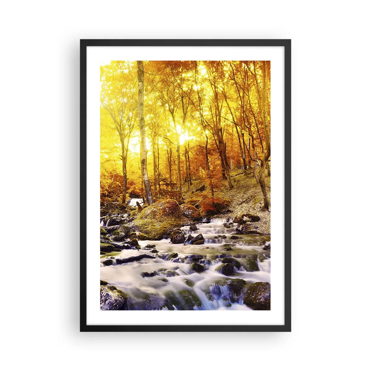 Póster en marco negro - Bosque otoñal con un arroyo que corre a la luz del sol poniente - 50x70cm - Piedras bañadas en oro y platino - Decoración de pared moderna para salón y dormitorio ARTTOR