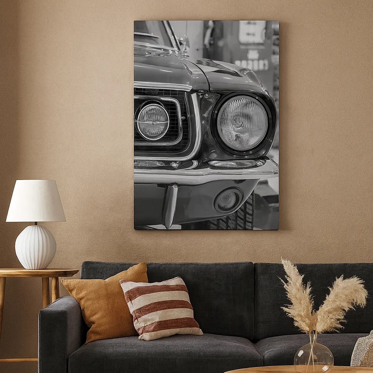 Cuadro sobre lienzo - Impresión de Imagen - Capó de coche clásico en blanco y negro - 50x70cm - Paseo rudo - Decoración de pared moderna para salón y dormitorio ARTTOR