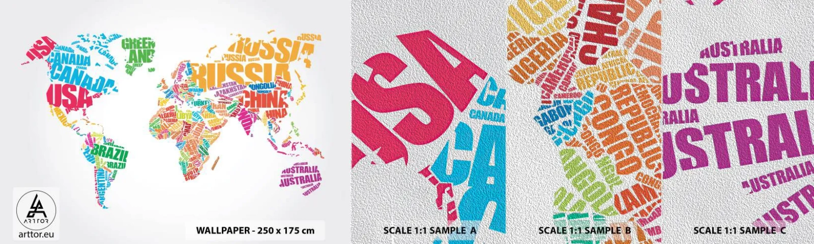 Muestra de fotomural Premium Sand - Quiero conocerlos a todos - Mapa del mundo, Gráficos, Continentes - 100x30 cm