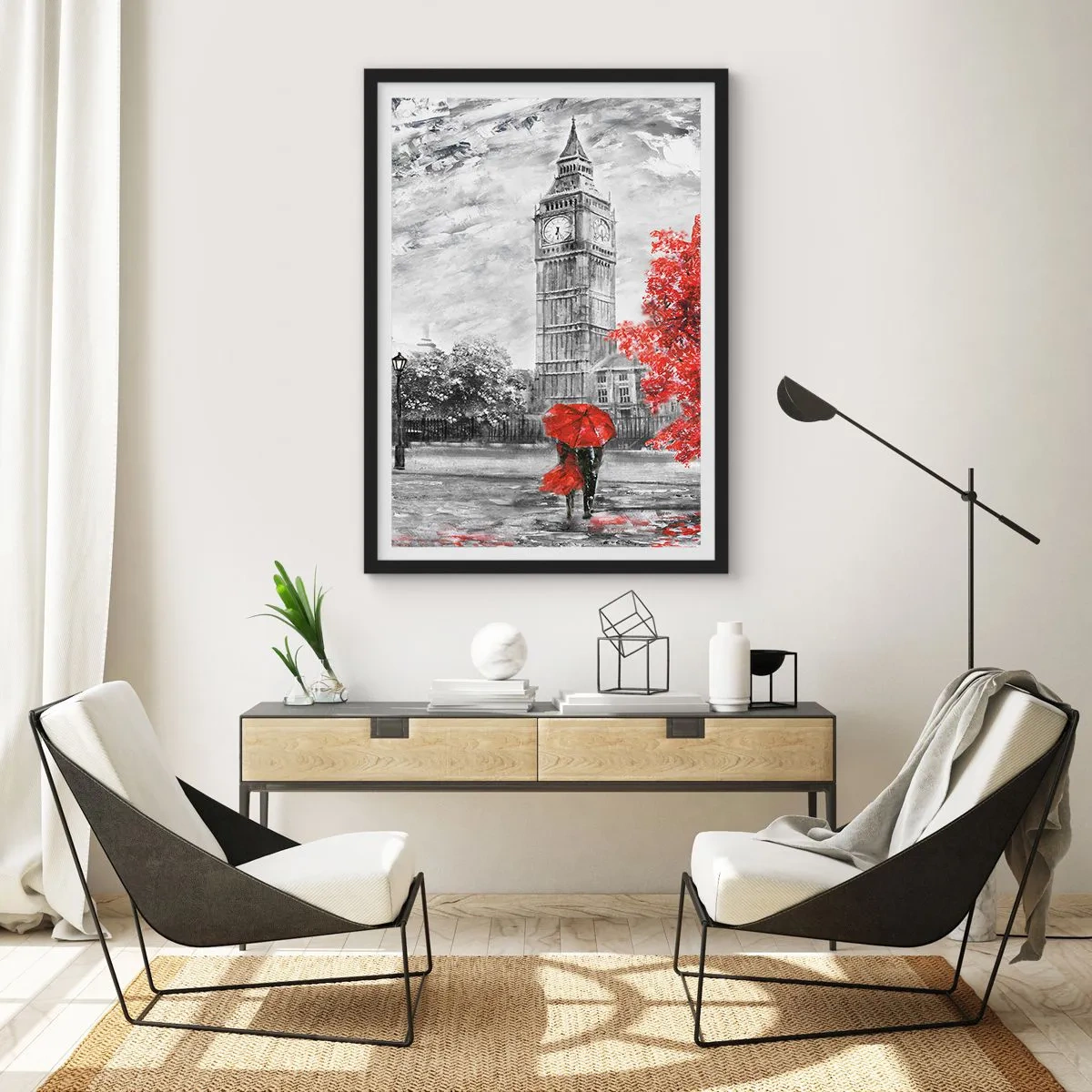 Póster en marco negro - Torre del Reloj con Paraguas Rojo - 50x70cm - Un día emocionante - Decoración de pared moderna para salón y dormitorio ARTTOR