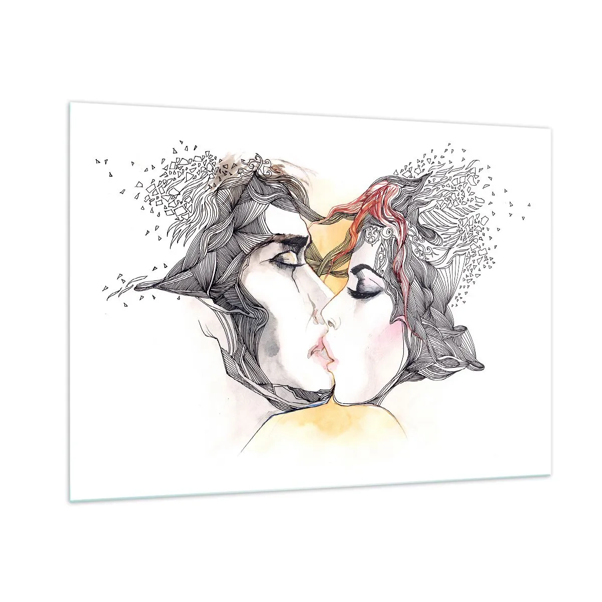Cuadro sobre vidrio - Impresiones sobre Vidrio - Pareja abstracta besándose con patrones artísticos - 100x70cm - El mundo no importa - Decoración de pared moderna para salón y dormitorio ARTTOR