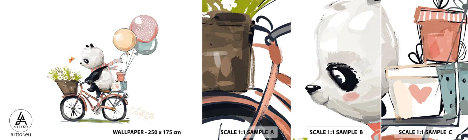 Muestra De Fotomural Standard Eco - Un día feliz - Para niños, Panda en bicicleta, Abstracción - 100x30 cm