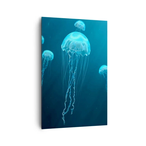 Cuadro sobre lienzo - Impresión de Imagen - Medusas flotando en las profundidades del océano en tonos azules. - 80x120cm - Danza oceánica - Decoración de pared moderna para salón y dormitorio ARTTOR