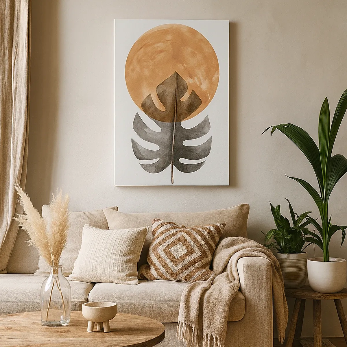 Cuadro sobre lienzo - Impresión de Imagen - Hoja de monstera y círculo dorado sobre un fondo claro - 50x70cm - Siempre el sol - Decoración de pared moderna para salón y dormitorio ARTTOR