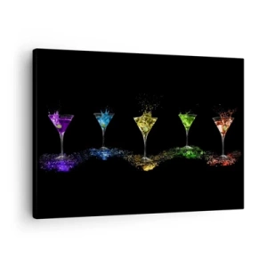 Cuadro sobre lienzo - Impresión de Imagen - Cócteles coloridos en vasos sobre un fondo negro - 70x50cm - Los colores de la alegría en una copa de cristal - Decoración de pared moderna para salón y dormitorio ARTTOR