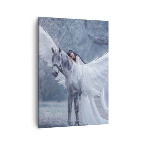Cuadro sobre lienzo - Impresión de Imagen - Una mujer en un caballo blanco con alas en un bosque mágico. - 50x70cm - Un momento de inspiración - Decoración de pared moderna para salón y dormitorio ARTTOR
