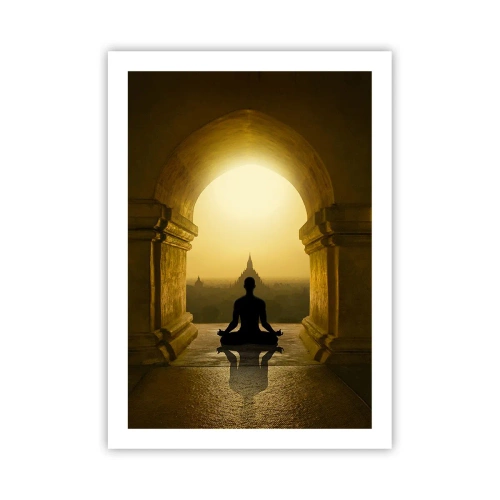 Póster - Una figura meditando en el arco de un templo con el sol naciente como telón de fondo. - 50x70cm - Armonía total - Decoración de pared moderna para salón y dormitorio ARTTOR