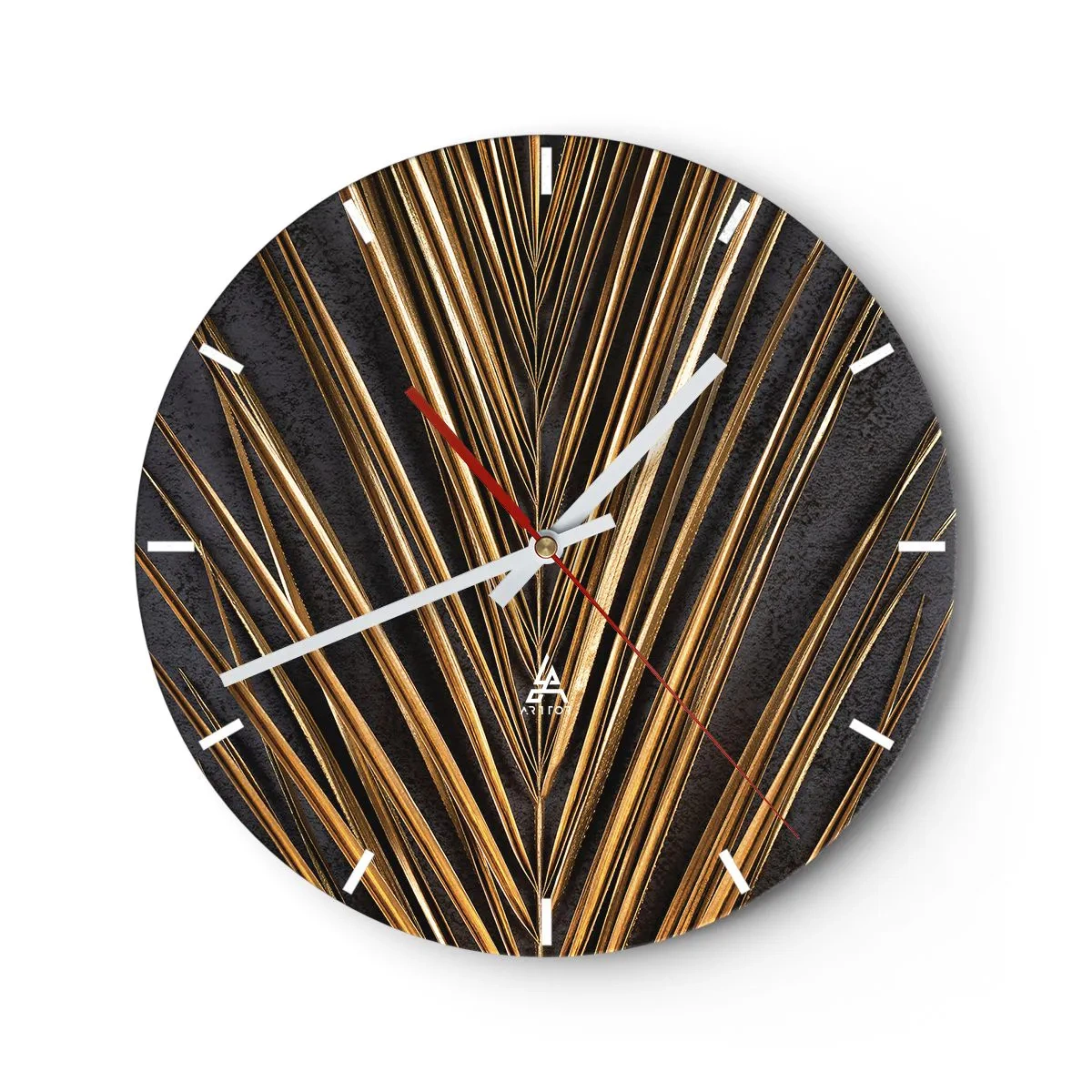 Reloj de pared - Reloj de vidrio - Hojas de palma doradas sobre un fondo oscuro - 30x30cm - El oro de los trópicos - Decoración de pared moderna para salón, cocina y dormitorio ARTTOR