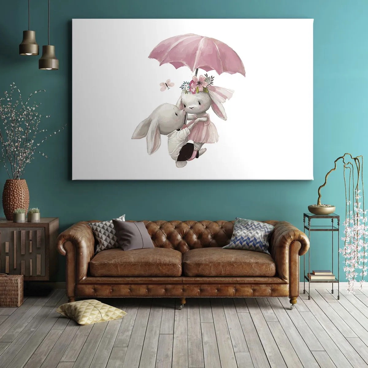 Cuadro sobre lienzo - Impresión de Imagen - Lindos conejitos bajo una sombrilla rosa - 70x50cm - Esto es amor - Decoración de pared moderna para salón y dormitorio ARTTOR