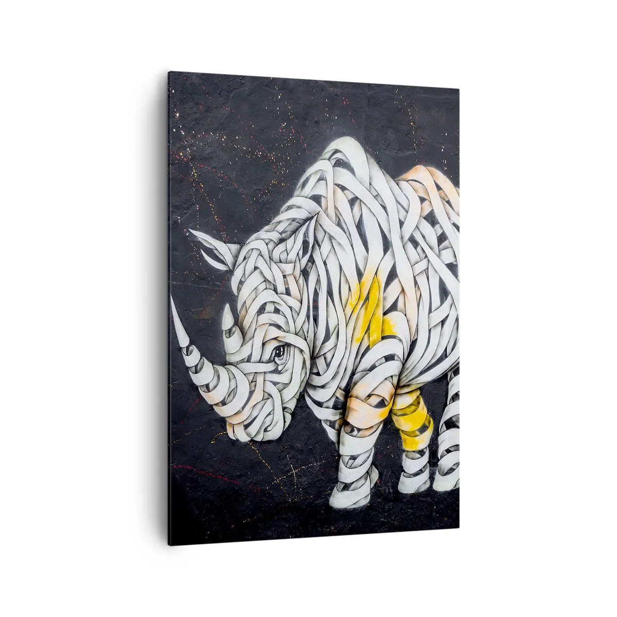 Cuadro sobre lienzo - Impresión de Imagen - Un rinoceronte tallado con rayas abstractas sobre un fondo oscuro. - 70x100cm - El mito de la momia rinoceronte - Decoración de pared moderna para salón y dormitorio ARTTOR