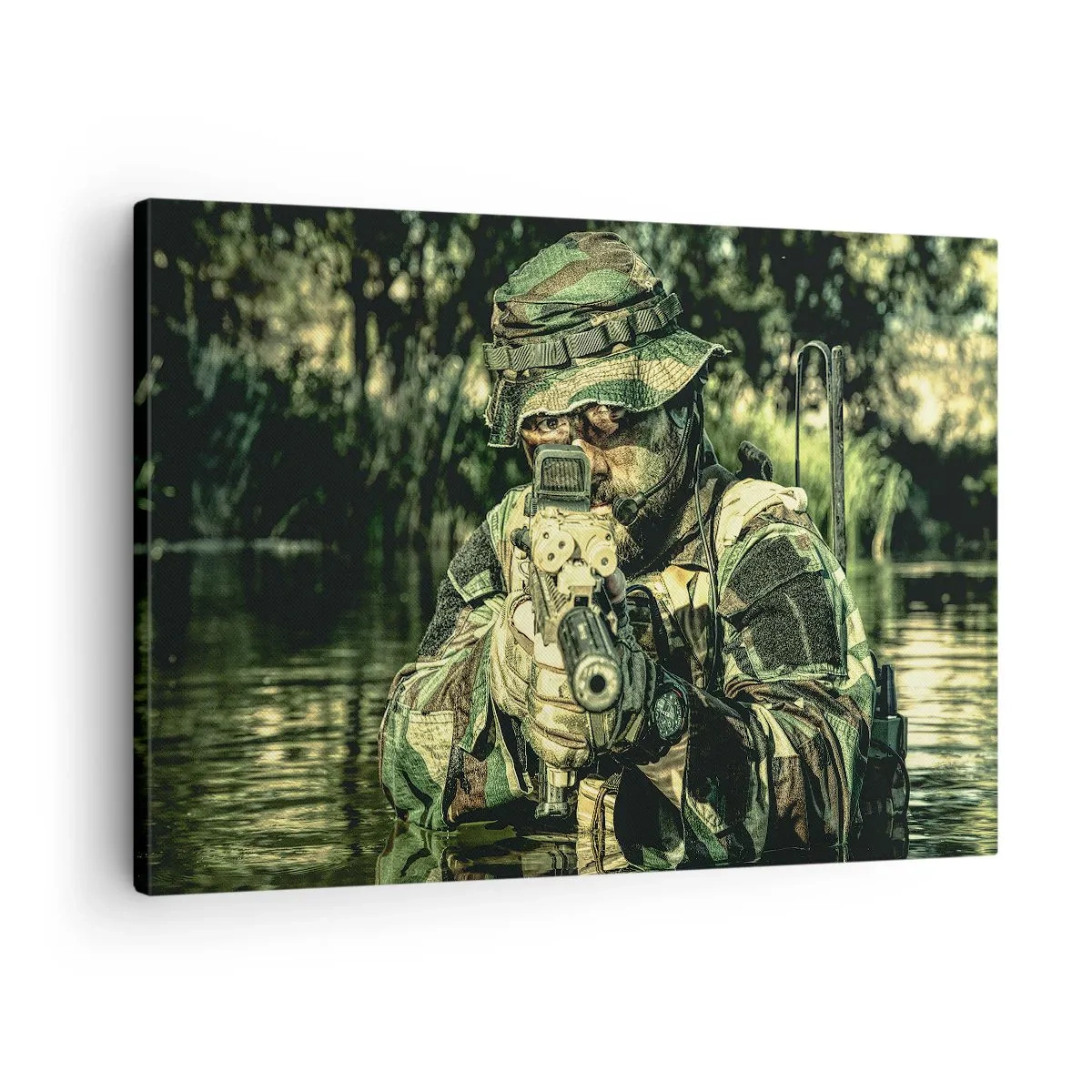 Cuadro sobre lienzo - Impresión de Imagen - Un soldado camuflado apunta a través del agua. - 70x50cm - El mejor de entre la élite - Decoración de pared moderna para salón y dormitorio ARTTOR