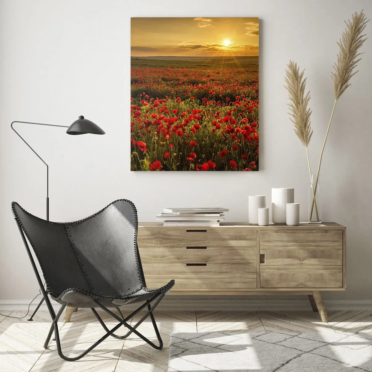 Cuadro sobre vidrio - Impresiones sobre Vidrio - Un campo de amapolas rojas bajo el resplandor del sol poniente. - 80x120cm - Entre los campos de flores - Decoración de pared moderna para salón y dormitorio ARTTOR