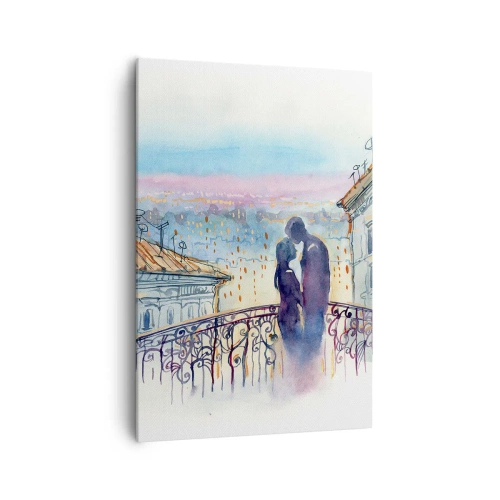 Cuadro sobre lienzo - Impresión de Imagen - Pareja romántica en un balcón con vistas a la ciudad. - 70x100cm - Los amantes de París - Decoración de pared moderna para salón y dormitorio ARTTOR