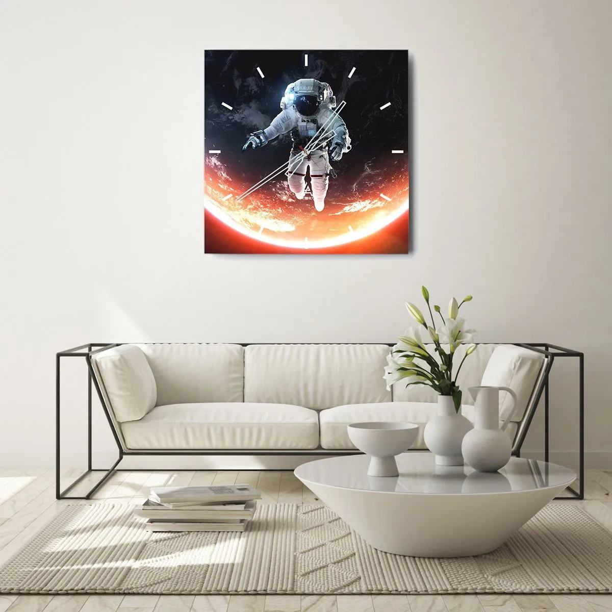Reloj de pared - Reloj de vidrio - Un astronauta flotando sobre una Tierra iluminada por el sol. - 30x30cm - ¿Puedo quedarme un rato más? - Decoración de pared moderna para salón y dormitorio ARTTOR