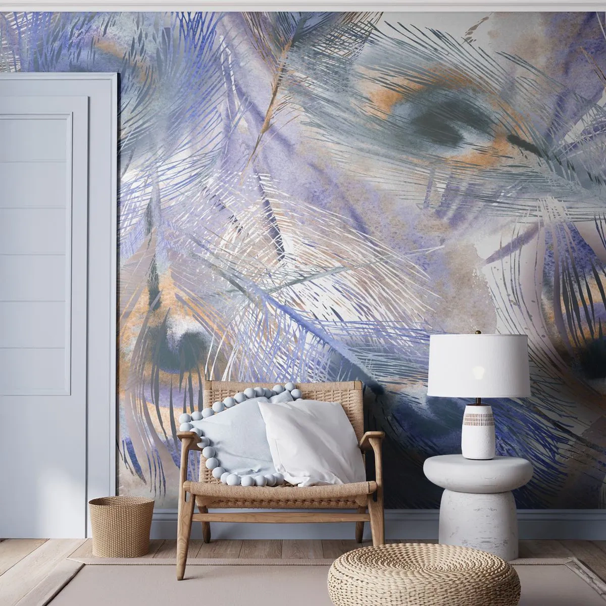 Fotomural Premium Sand - Delicadas plumas de pavo real en tonos azules. - 100x70cm - Composición - Decoración de pared moderna para salón y dormitorio ARTTOR