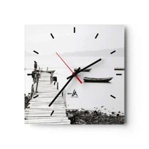 Reloj de pared - Reloj de vidrio - Muelle de madera y barcos en aguas tranquilas - 30x30cm - Junto al agua tranquila y clara - Decoración de pared moderna para salón y dormitorio ARTTOR