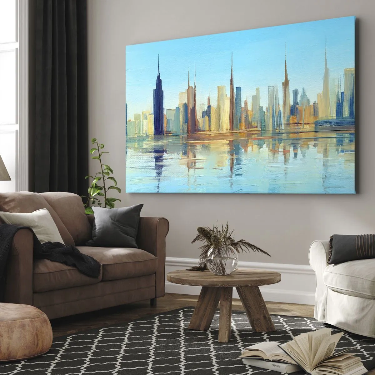 Cuadro sobre lienzo - Impresión de Imagen - Un panorama de la ciudad en colores cálidos con reflejo en el agua. - 70x50cm - Metrópolis soleada - Decoración de pared moderna para salón y dormitorio ARTTOR