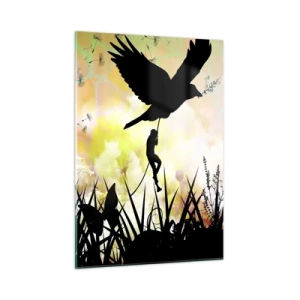 Cuadro sobre vidrio - Impresiones sobre Vidrio - Ilustración de una figura trepando un pájaro sobre un fondo de flores de colores. - 50x70cm - En un ambiente de cuento de hadas - Decoración de pared moderna para salón y dormitorio ARTTOR