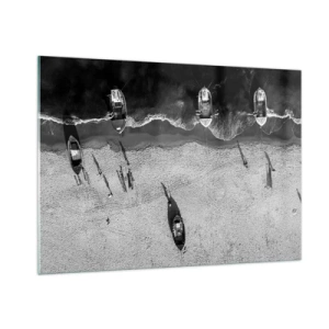 Cuadro sobre vidrio - Impresiones sobre Vidrio - Barcos en blanco y negro y sus sombras en una playa de arena vistos desde arriba - 100x70cm - Aún en la orilla... - Decoración de pared moderna para salón y dormitorio ARTTOR