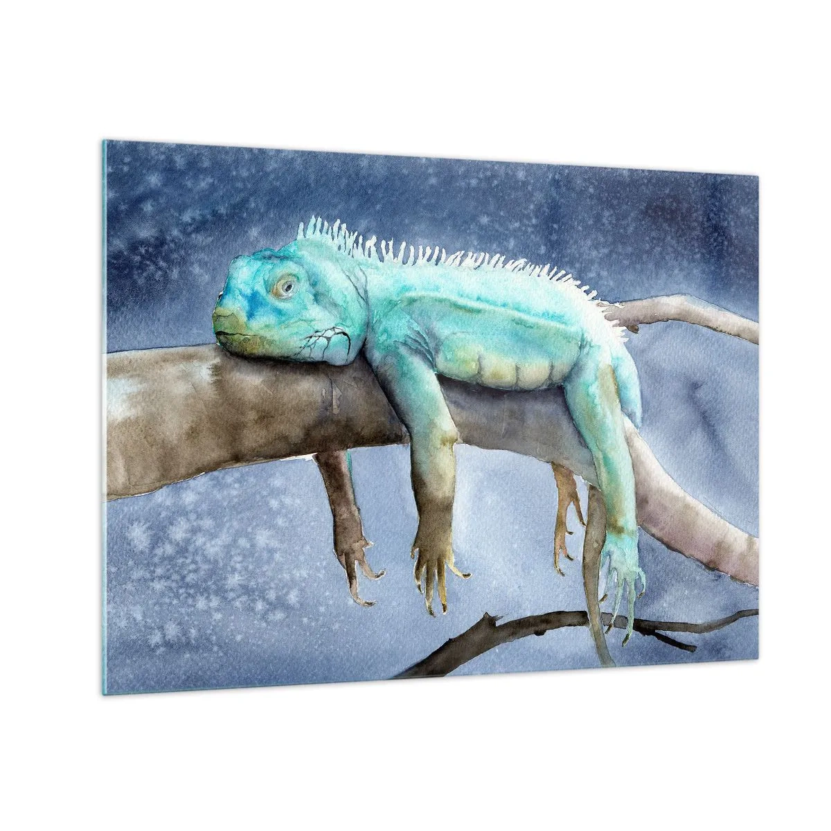Cuadro sobre vidrio - Impresiones sobre Vidrio - Iguana azul recostada sobre una rama en estilo acuarela - 70x50cm - Me siento bien, ¿y tú? - Decoración de pared moderna para salón y dormitorio ARTTOR