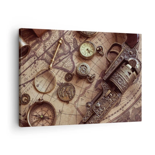 Cuadro sobre lienzo - Impresión de Imagen - Objetos antiguos en un mapa antiguo en estilo retro. - 70x50cm - La aventura llama - Decoración de pared moderna para salón y dormitorio ARTTOR