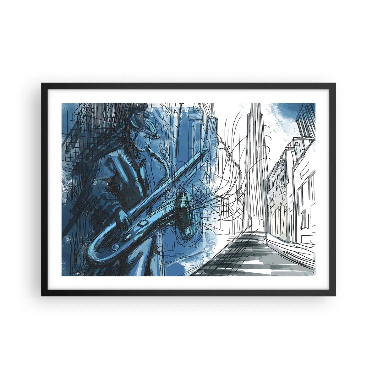 Póster en marco negro - Una figura tocando el saxofón con una ciudad como telón de fondo. - 70x50cm - Rapsodia urbana - Decoración de pared moderna para salón y dormitorio ARTTOR