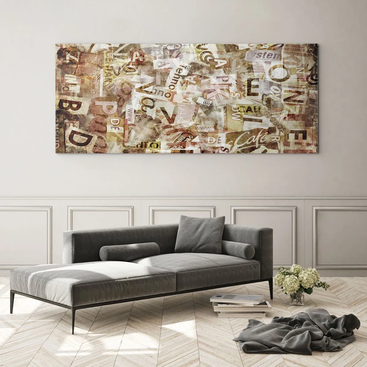 Cuadro sobre vidrio - Impresiones sobre Vidrio - Composición abstracta con letras y fragmentos de texto. - 140x50cm - Unificando el lenguaje - Decoración de pared moderna para salón y dormitorio ARTTOR