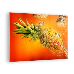 Cuadro sobre vidrio - Impresiones sobre Vidrio - Piña sumergida en agua sobre un fondo de color naranja intenso. - 70x50cm - Jugosa frescura tropical - Decoración de pared moderna para salón y dormitorio ARTTOR