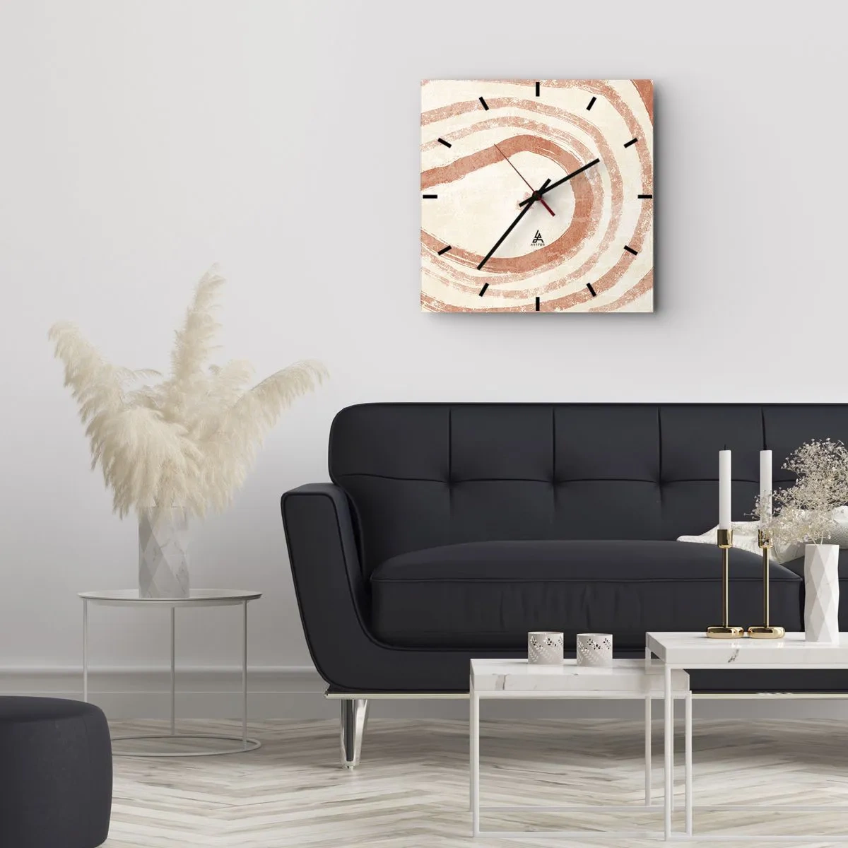 Reloj de pared - Reloj de vidrio - Un motivo abstracto de líneas concéntricas en tonos terracota. - 30x30cm - Círculos de coral - composición - Decoración de pared moderna para salón y dormitorio ARTTOR
