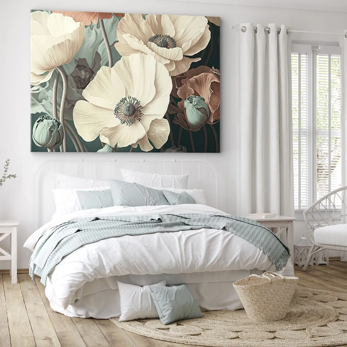 Cuadro sobre lienzo - Impresión de Imagen - Elegantes flores en tonos pastel sobre un fondo verde. - 70x50cm - Susurro de amapolas - Decoración de pared moderna para salón y dormitorio ARTTOR